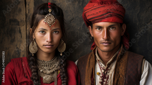 A serene portrait of a young woman and man in traditional attire against a rustic backdrop. photo