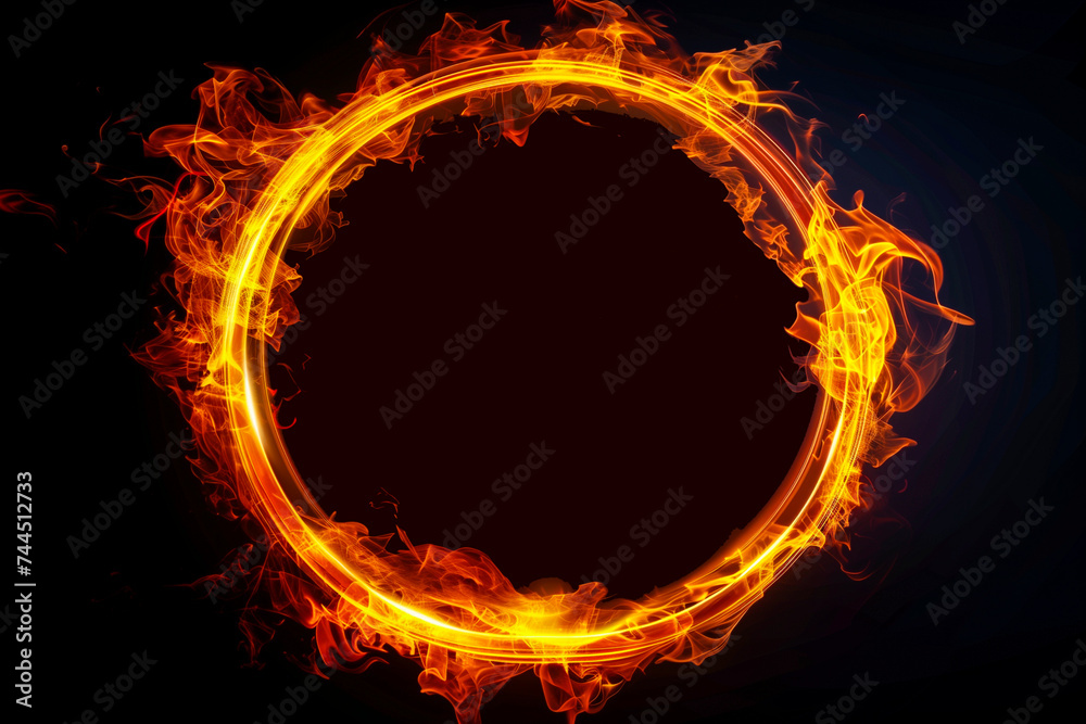 Fiery circle on a black background, fire spell effect - obrazy, fototapety, plakaty 