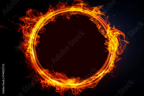 Fiery circle on a black background, fire spell effect photo