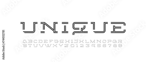 Technology font, slab serif alphabet, cut letters A, B, C, D, E, F, G, H, I, J, K, L, M, N, O, P, Q, R, S, T, U, V, W, X, Y, Z and numbers 0, 1, 2, 3, 4, 5, 6, 7, 8, 9 made striped style