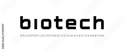 Technical future font, digital cyber alphabet, trendy lowercase letters A, B, C, D, E, F, G, H, I, J, K, L, M, N, O, P, Q, R, S, T, U, V, W, X, Y, Z and numerals 0, 1, 2, 3, 4, 5, 6, 7, 8, 9
