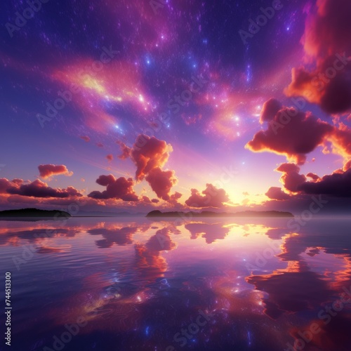 Abstract fantasy background of colorful sky with neon clouds and banner of purple and blue