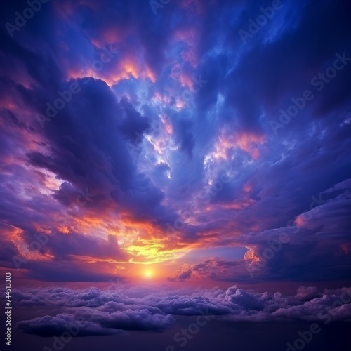 Abstract fantasy neon sky with colorful clouds, purple blue banner, dreamy surreal sky background