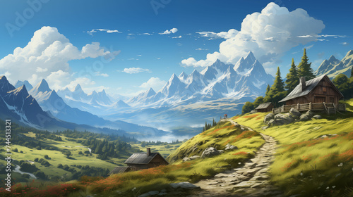 Mountain scene with house painting. Generative AI © MikeLegend