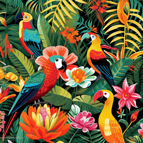 Two parrots perched on branch surrounded by tropical foliage. Generative AI