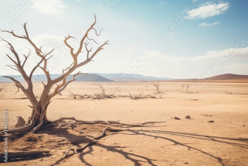 Barren Desert Landscape with Dead Trees. Desolate Dead Trees in Arid Desert
