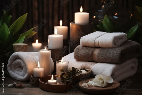 Relaxing Spa Care  Aromatherapy Treatment with Towel   Candle on Nature Background