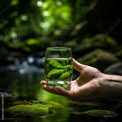 Hand holding glass of crystal-clear water against lush green natural backdrop, with copy space