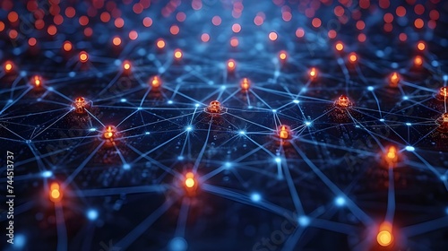 Flowing cyber data connected through network lines, illustrating blockchain data fields and neural cells. Concept of AI technology, digital communication, and science research