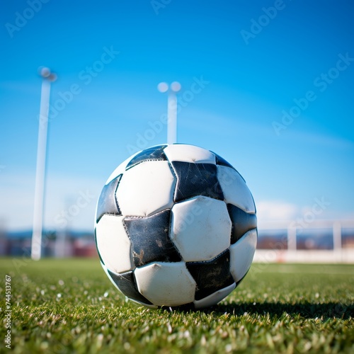 Soccer ball on green football field with goalpost under blue sky on bright sunny day  sports concept