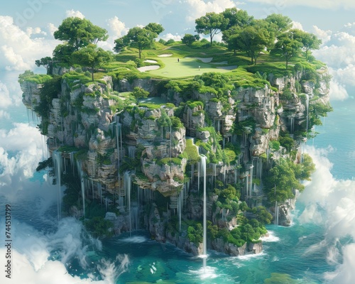 Golf and country clubs with courses stretching across floating islands mystical games photo