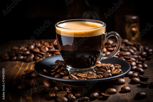 A cup of aromatic coffee next to a scattering of rich coffee beans on a rustic wooden table