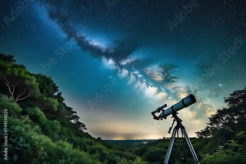 A weathered telescope pointing towards the night sky, surrounded by overgrown vegetation. 