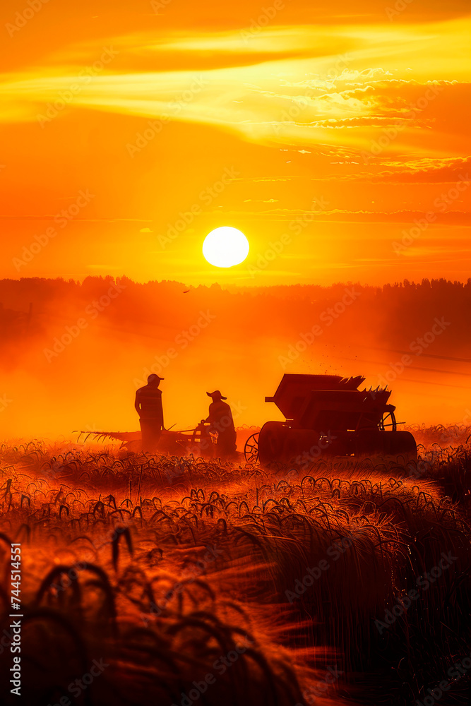 Silhouette of farmers working at sunrise, with a bright sun and orange sky.