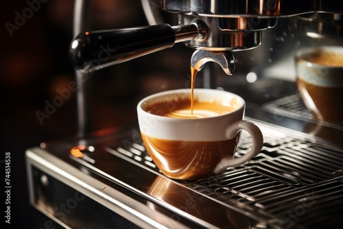 Freshly brewed espresso being poured from professional coffee machine at cozy cafe