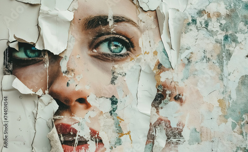 Abstract Grunge Torn Poster Background with Woman's Face