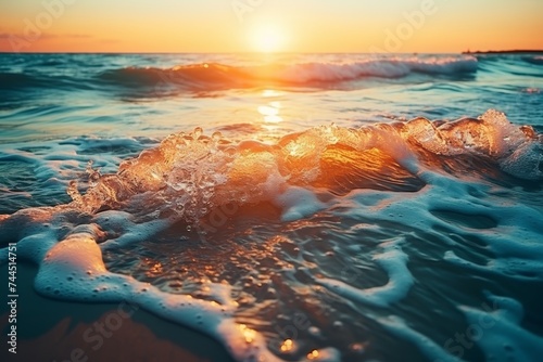 Tranquil sunrise over the ocean with beautiful wave in clear blue sea water scenery