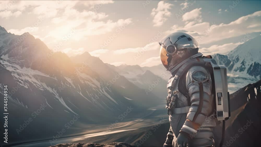 Astronaut exploring an exoplanet. Sci-fi colonist in spacesuit walks on the surface of another planet. People in space. Galactic travel and science concept. Astronaut exploring an exoplanet. Sci-fi colonist in spacesuit walks on the surface of another planet. People in space. Galactic travel and science concept.