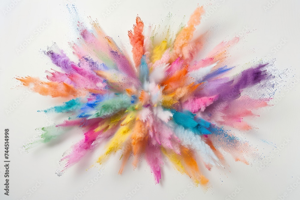 Obraz premium An explosion of vibrant colored powders against a white background, creating a dynamic and abstract burst of colors.