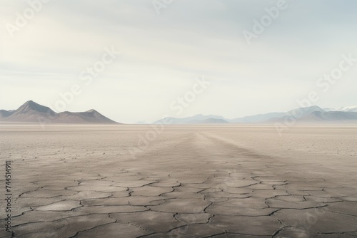 Expansive desert landscape with cracked earth  suggesting drought and climate change. Arid Desert Landscape