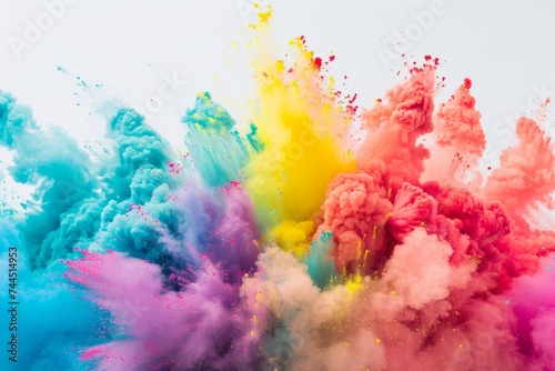An explosion of vibrant colored powders against a white background  creating a dynamic and abstract burst of colors.