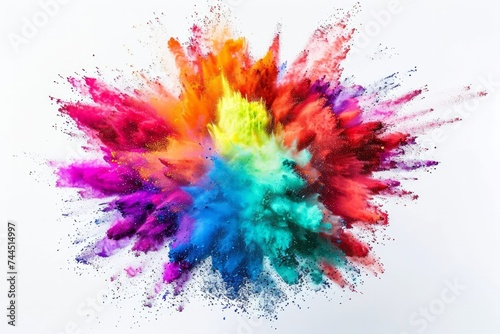 An explosion of vibrant colored powders against a white background, creating a dynamic and abstract burst of colors.
