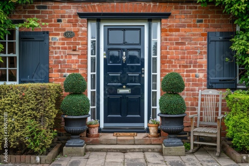 A welcoming front door of a house with symmetrical topiary plants.