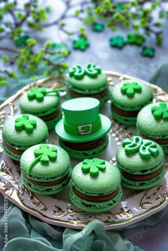 Delicious Saint Patrick’s day green macaroon dessert on a blurred green background photo