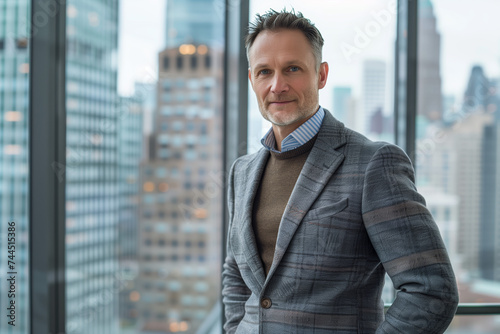 Distinguished Executive Overlooking Cityscape. Confident man in smart casual attire with a modern city backdrop.