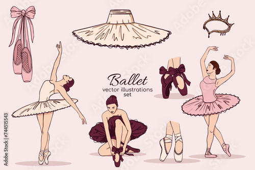 Hand drawn sketch ballet set. Cute ballet vector watercolor set. Vector illustration of ballerina, ballet shoes and dress