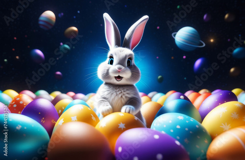 Cartoon Easter Bunny Takes Space Adventure. Adorable futuristic Bunny astronaut collect holiday eggs from sky