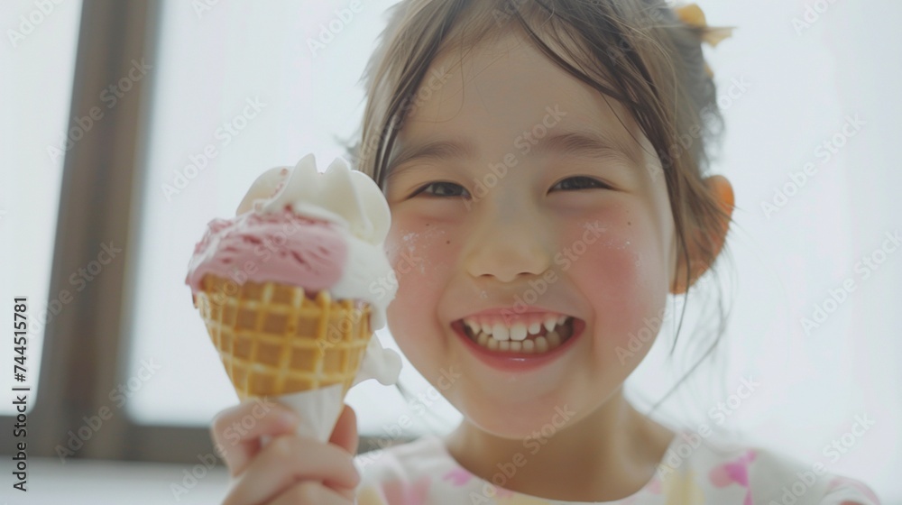 The simple joys of childhood encapsulated in an image, with a little girl enjoying her ice cream cone, her laughter echoing against the pure white background, beautifully captured by the HD camera.