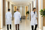 Doctors team in white lab coats of healthcare professional medical at modern hospital corridor, discussing patient care, healthcare, medical consultation, teamwork and collaboration, medical education