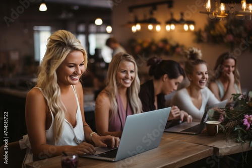 Diverse group of professional women collaborating together in modern coffee shop workspace setting