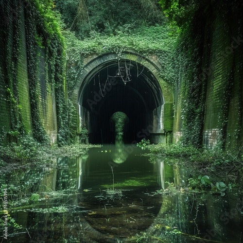 A Flooded and Abandoned Tunnel Covered with Foliage