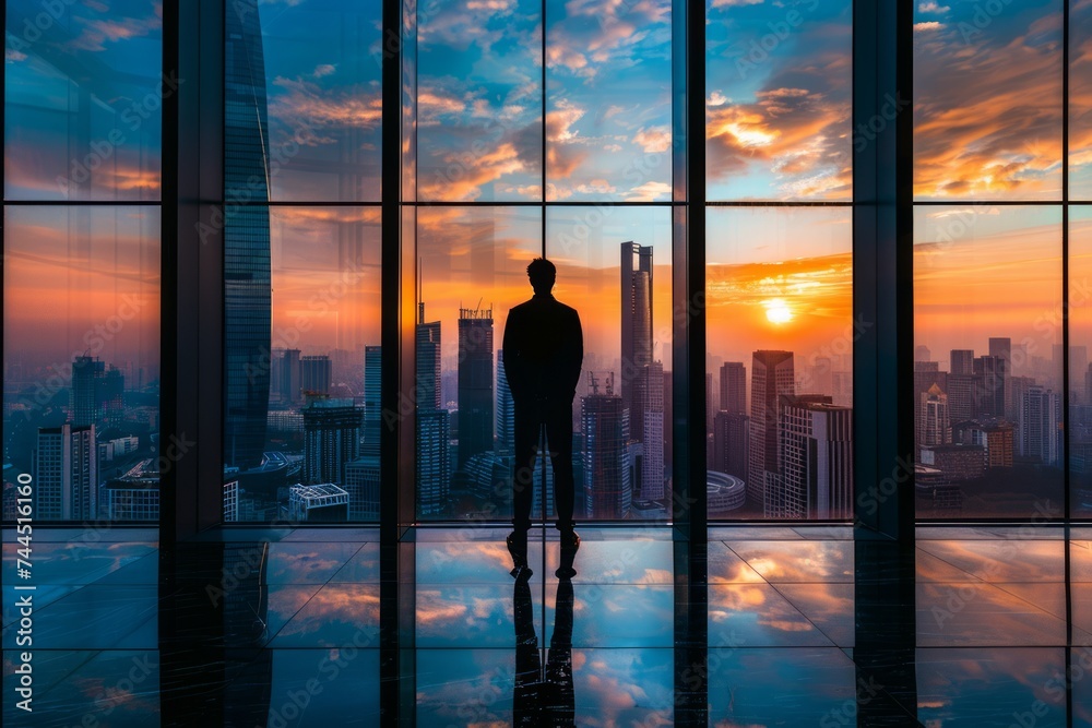 Silhouette of a person standing in front of large windows overlooking a cityscape at sunrise. Silhouette of a person standing in front of large windows overlooking a cityscape at sunrise.