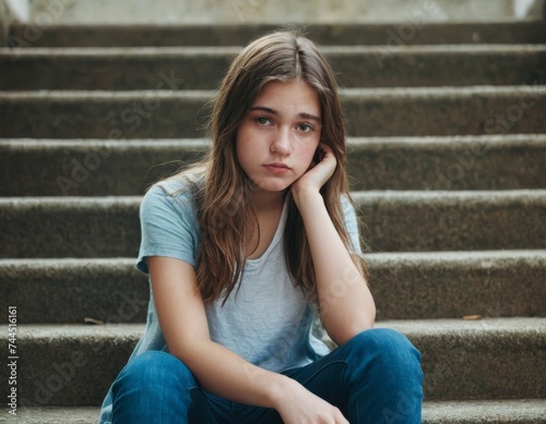 A sad and upset teenage girl with depression is sitting on the steps of a street staircase. Victim of bullying by classmates