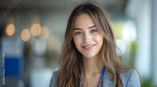 Business portrait of smiling young business woman on a business forum for start-up AI generated