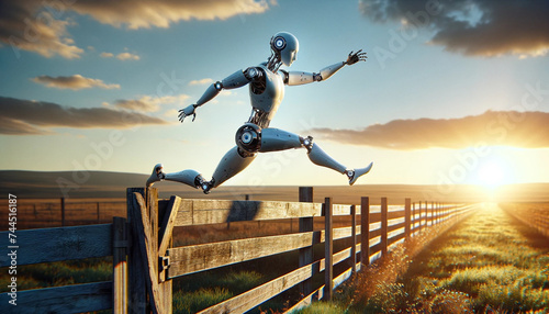 Futuristic robot jumping over a fence at sunrise.