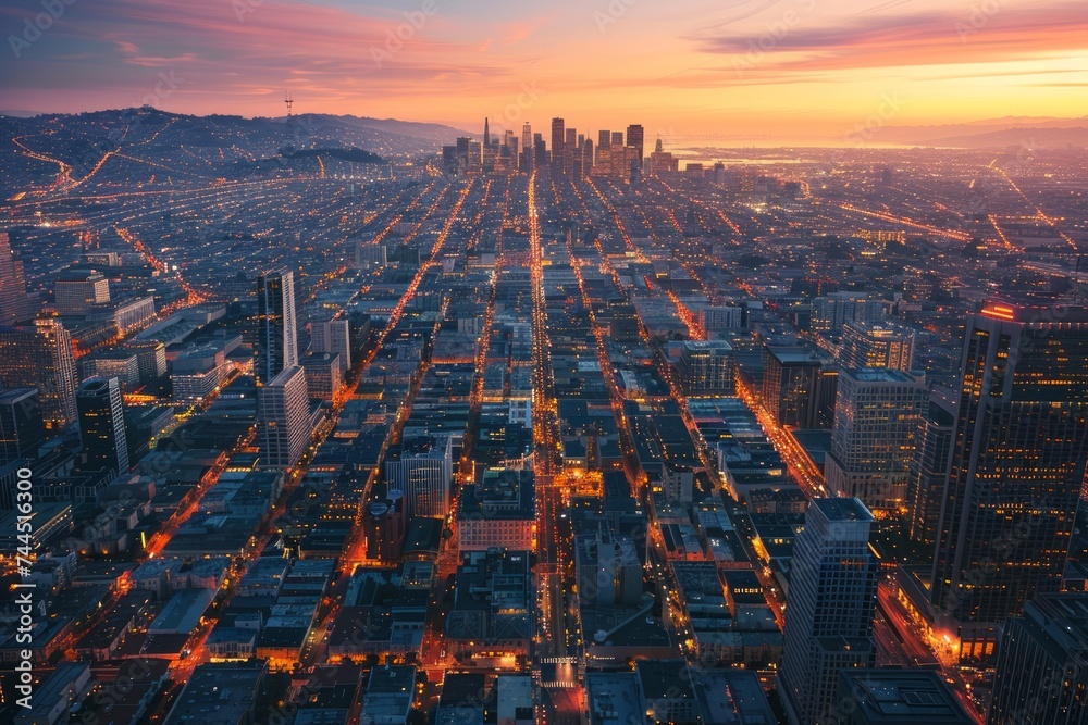 Aerial view of a cityscape at twilight with illuminated streets and buildings.