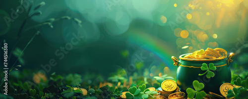 St. Patrick's Day with Pot of gold coins, rainbow, green four and clover on green bokeh background, invitation Design Banner Illustration