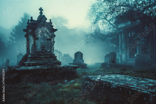 Spooky Gothic graveyard shrouded in mist, with weathered tombstones and eerie silhouettes.