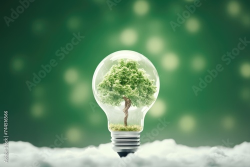 Light bulb with a lush tree inside symbolizing green energy. Green Energy Concept in Light Bulb