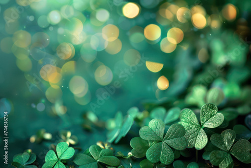 St. Patrick's Day with green four and clover on green and gold bokeh background, invitation Design Banner Illustration