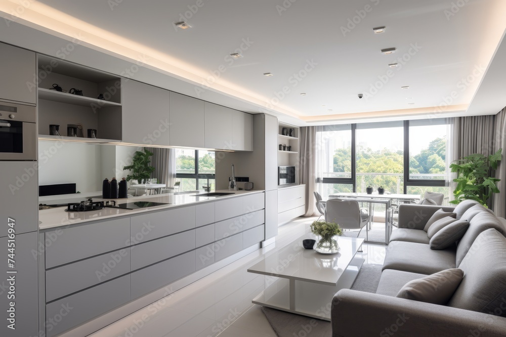 Stylish apartment interior featuring modern designer kitchen on light background
