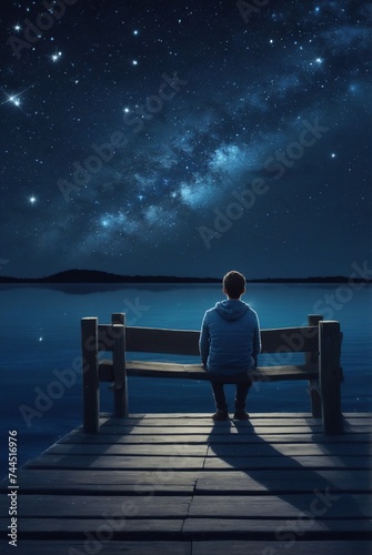 lonely boy sits on pier at night on sea background and starry sky