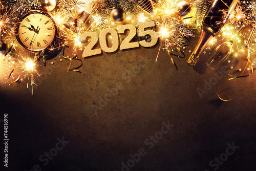 New Year 2025 holiday background with clock, christmas balls, champagne bottle, gift box and lights © Alexander Raths