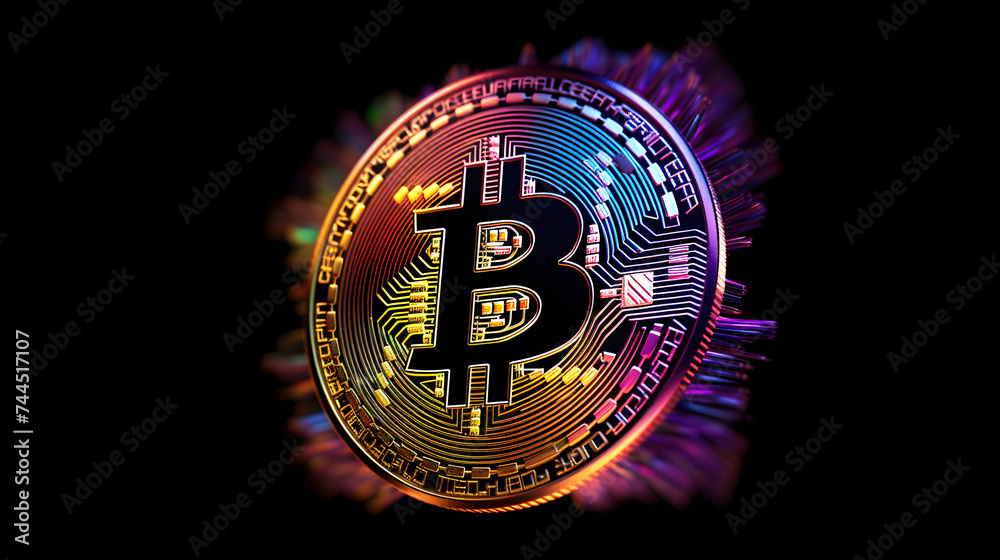 Fototapeta premium a bitcoin coin on a black background with colorful colors surrounding it