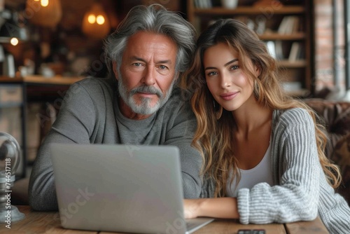 A man and woman happily sitting in front of a laptop, smiling and having fun