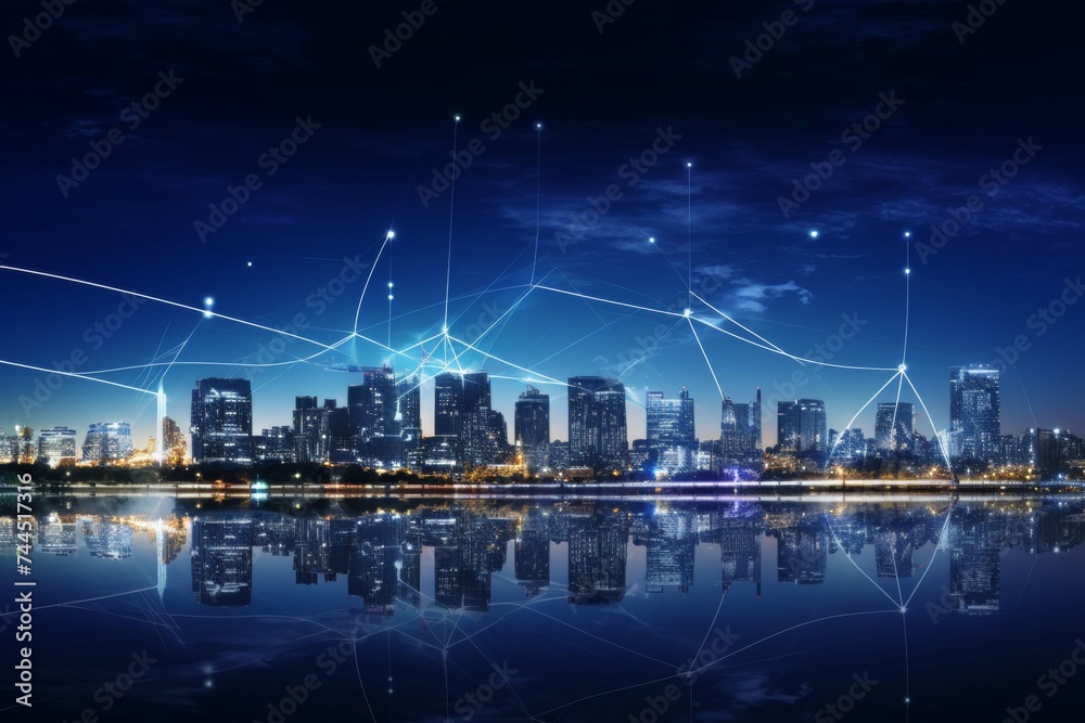 Cityscape with network graphic concept in bangkok, thailand - urban skyscrapers and tech